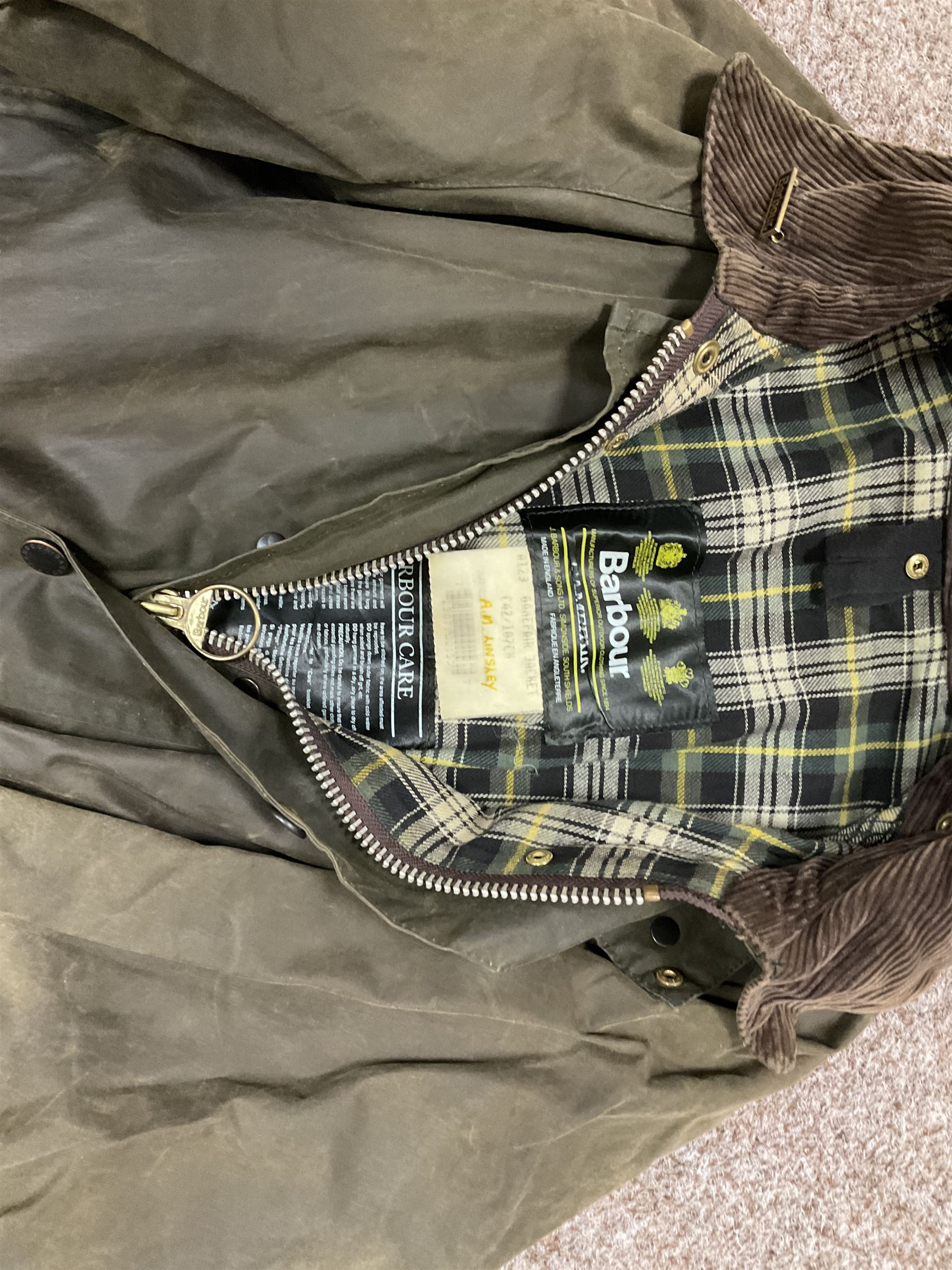 Barbour jacket, together with another jacket, Clyde Valley Gillet, Vision boots and Wychwood shoe box and bag  