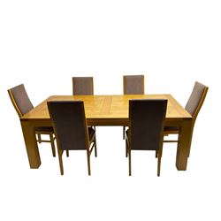 Large pippy oak rectangular dining table, square block leg, and six high back upholstered chairs, retailed by Chapmans of Newcastle