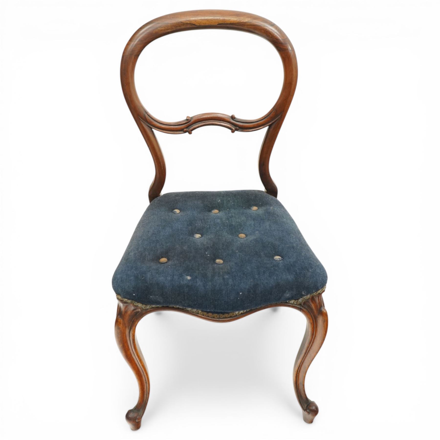 Set of six Victorian rosewood balloon-back dining chairs, seats upholstered in buttoned blue fabric, raised on cabriole supports