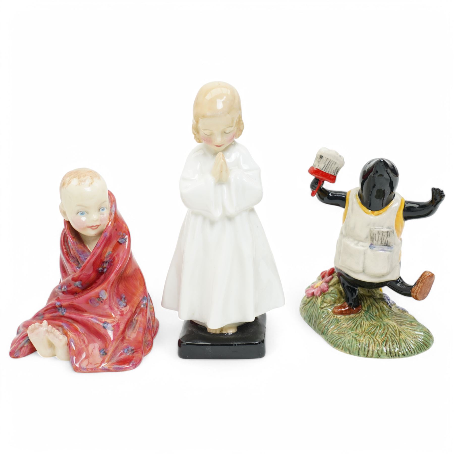 Collection of twelve Royal Doulton figures, comprising 'Omar Khayyam' HN2247, 'Bedtime', 'This Little Pig' HN1793, 'The Little Bridesmaid' HN1433, 'Thursday's child has far to go', 'Bunnykins Sleepytime', 'Lily' HN1798, 'Carrie' HN2800, 'The Delight of Spring', 'The Bedtime Story' HN2059, 'Tinkle Bell' HN1677, Choir Boy HN2141 (12)