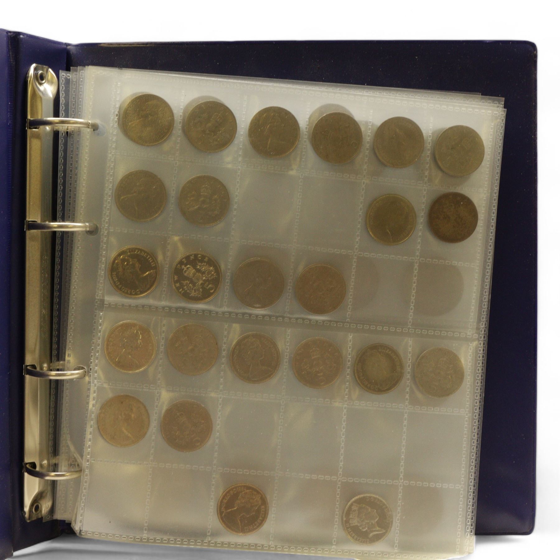Great British and World coins, including pre-decimal halfcrowns, two shillings etc, decimal old style large five pence pieces, German pre-Euro coinage with 1972 and 1987 ten deutsche mark coins etc, housed in ten ring binger folders and a metal hinged top box