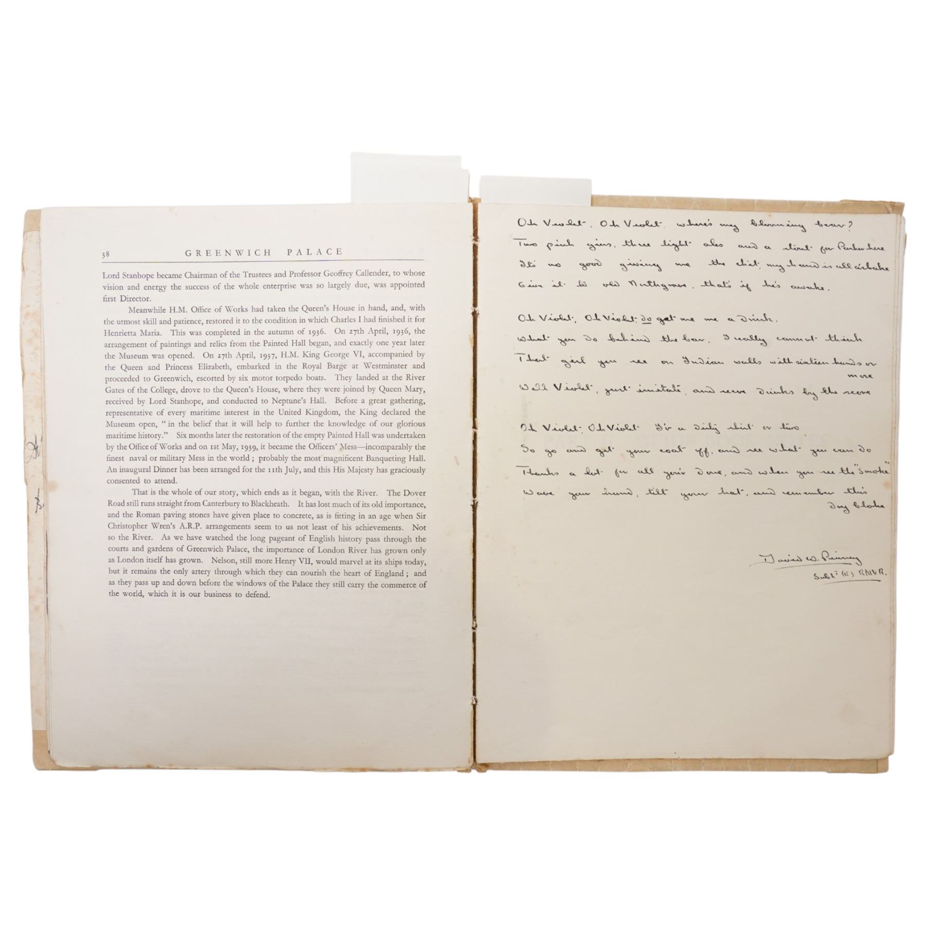 Violet Elizabeth Clifford - Chief Petty Officer 1940-1946, copy of Greenwich Palace  Guide Book containing a collection of photographs, autographs, drawings etc collected during her time at the Combined Operations Training Centre, Inverary which closed in 1946, together with a White Ensign 