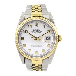 Rolex Oyster Perpetual gentleman's stainless steel and 18ct gold bracelet wristwatch, model No. 16233, serial No. A179880, white enamel dial and Jubilee bracelet, boxed with papers and service paper