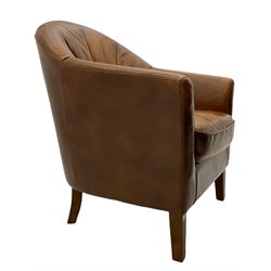 Contemporary tub shaped armchair, upholstered in brown leather, square tapering front supports