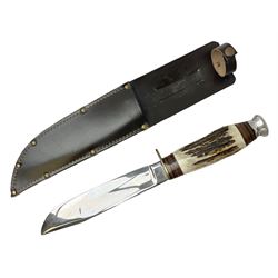 Bowie knife by J. Nowill & Sons Sheffield England Est. AD1700,  with 17.5cm steel blade, brass cross-piece, antler grip and alloy pommel; in leather sheath L32cm overall