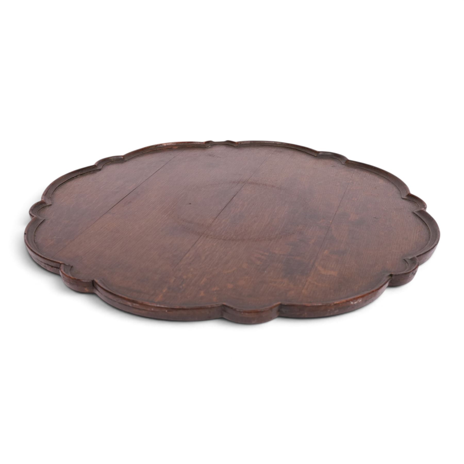 19th century oak scalloped tray, on lazy susan revolving on an circular base, D56cm