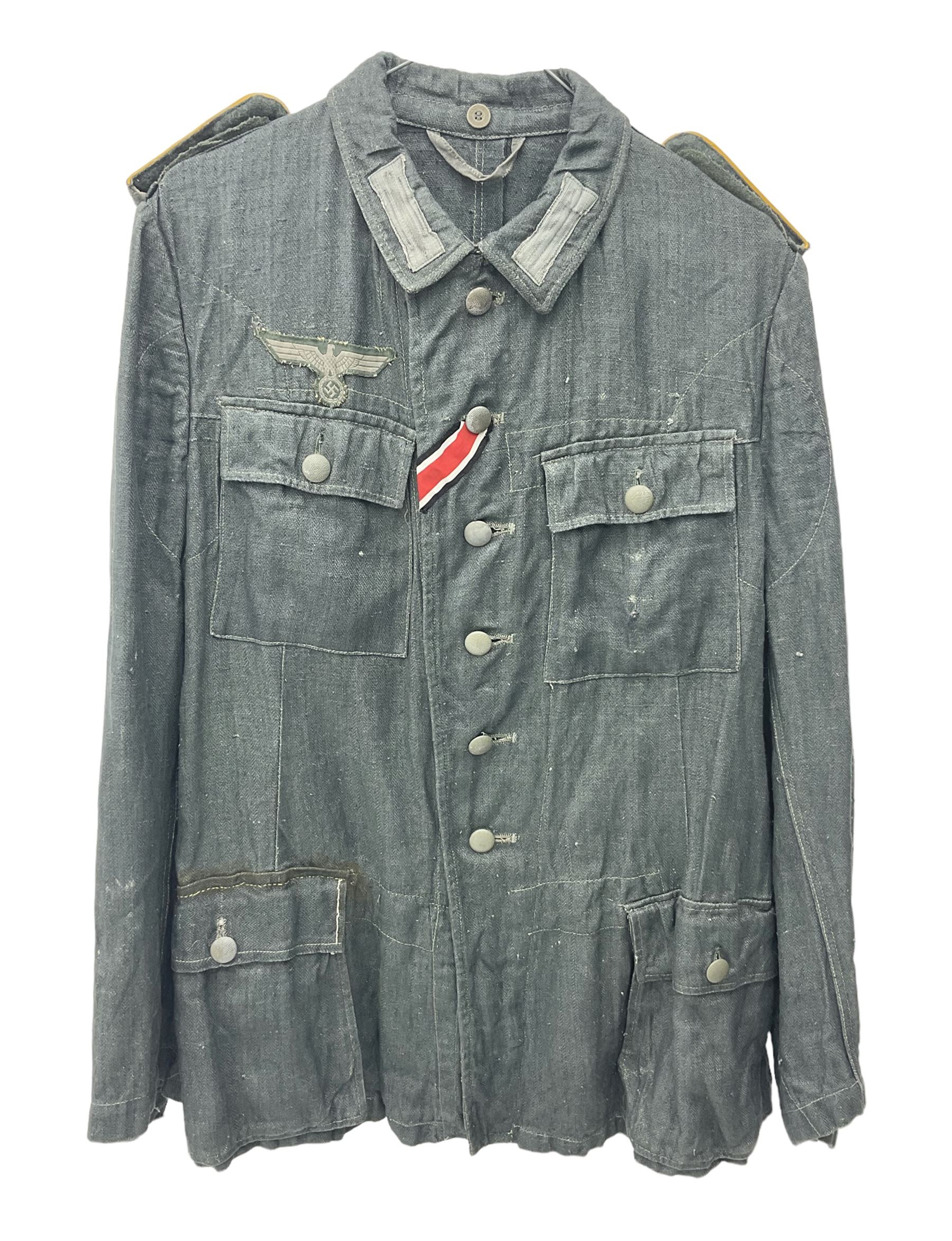 WW2 German Army grey/green herringbone twill four pocket tunic with shoulder tabs for signals regiment, cloth eagle insignia and iron cross ribbon