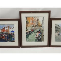 Ken Hayes (British 1962-): Yorkshire Marketplace and Venetian Scenes, three watercolours signed 27cm x 37cm (3)
