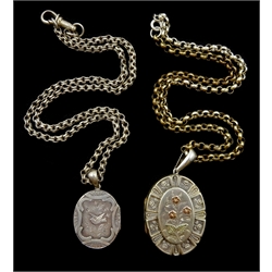 Victorian silver locket pendant, embossed and engraved floral decoration and one other, with engraved bird and foliate decoration, both on silver chains 