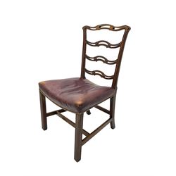 George III mahogany side chair, pierced and waved ladder back with moulded uprights, dished seat upholstered in dark red leather with brass stud band, on moulded front supports joined by H-stretchers