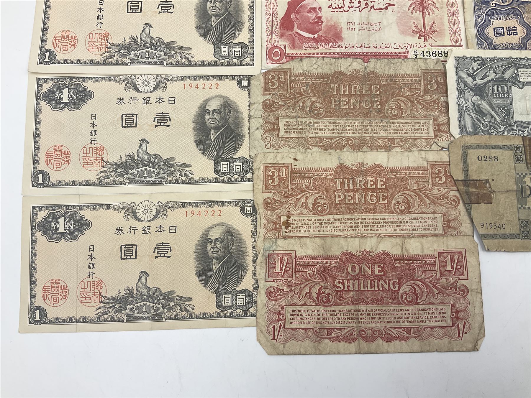 Banknotes including King George VI board of commissioners of currency Malaya one dollar 1st July 1941 'P/59 030908', Queen Elizabeth II Government of Hongkong one dollar 1st July 1952 'F/6 202153' etc