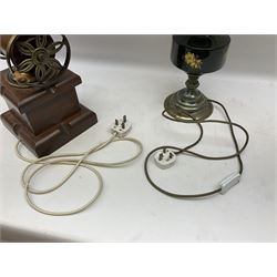 Table lamp and shade in the form of a vintage coffee grinder, together with a converted oil lamp, tallest example H94cm 