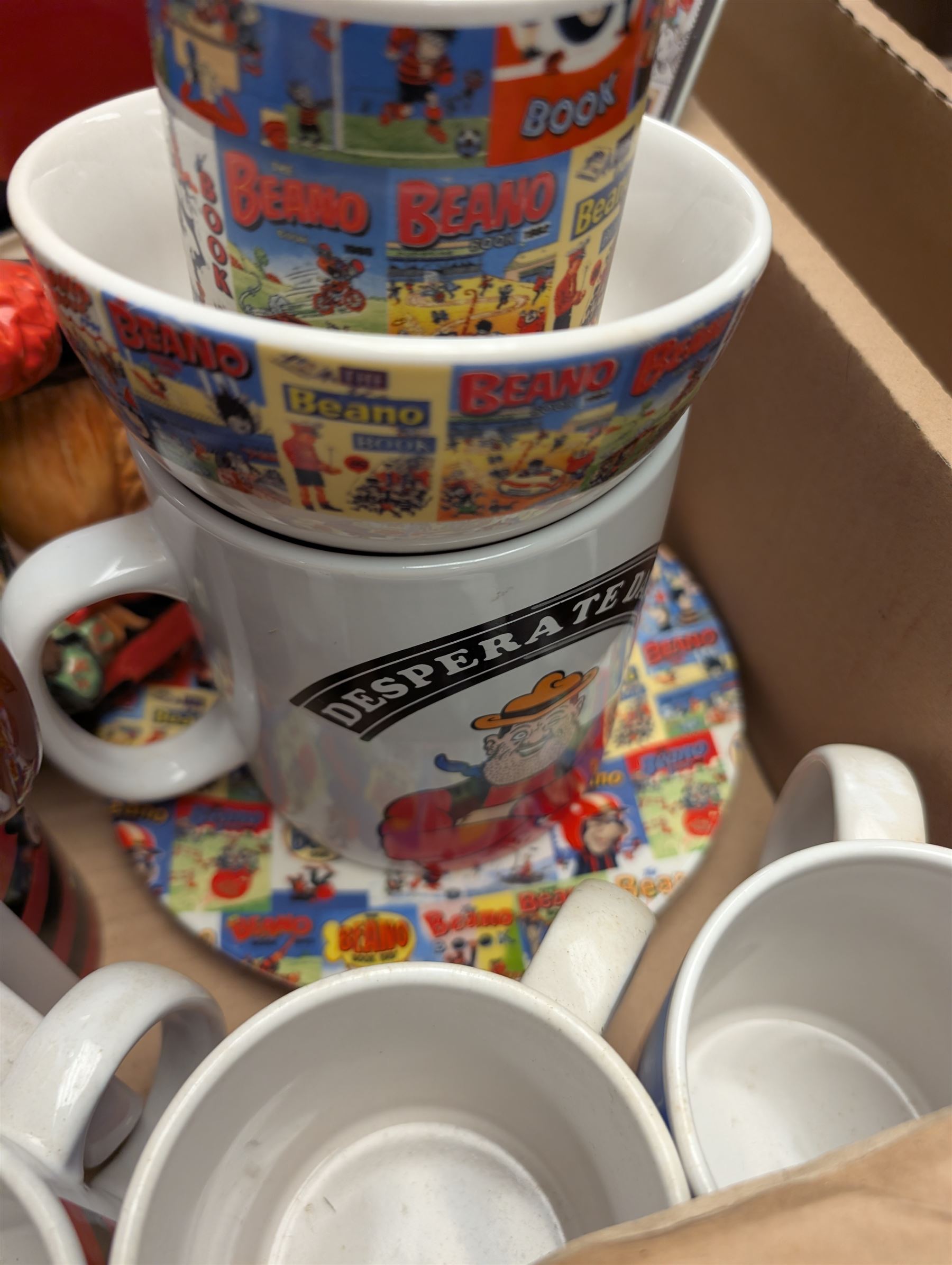 Collection of Robert Harrod The Beano Dandy Collection figures including Desperate Dan, Teach, Rodger the Dodger and Chips together with Beano collectibles including mugs, stamps, etc