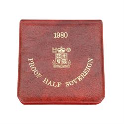 Queen Elizabeth II 1980 gold proof half sovereign coin, cased with certificate