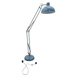 Contemporary pale blue floor lamp, in the manner of Anglepoise, counter balance sprung arm, light grey cord with a weighted base 