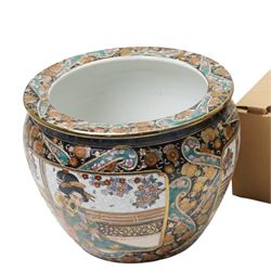 Two contemporary satsuma jardinieres, carved Rhinoceros and Elephant, and three stands