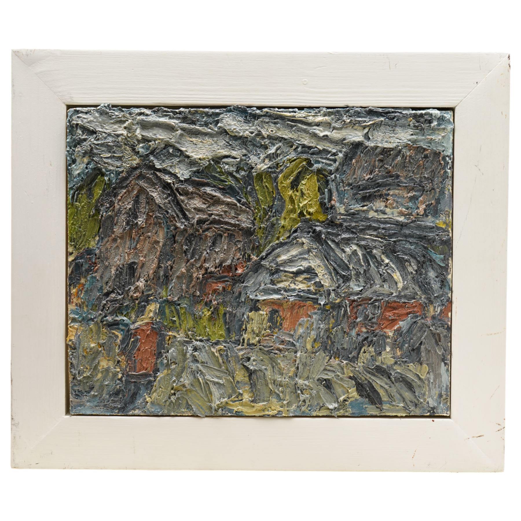 Barry De More (Yorkshire 1948-2023): 'Across the Street', oil and impasto on board signed titled and dated 2013 verso 25cm x 31cm