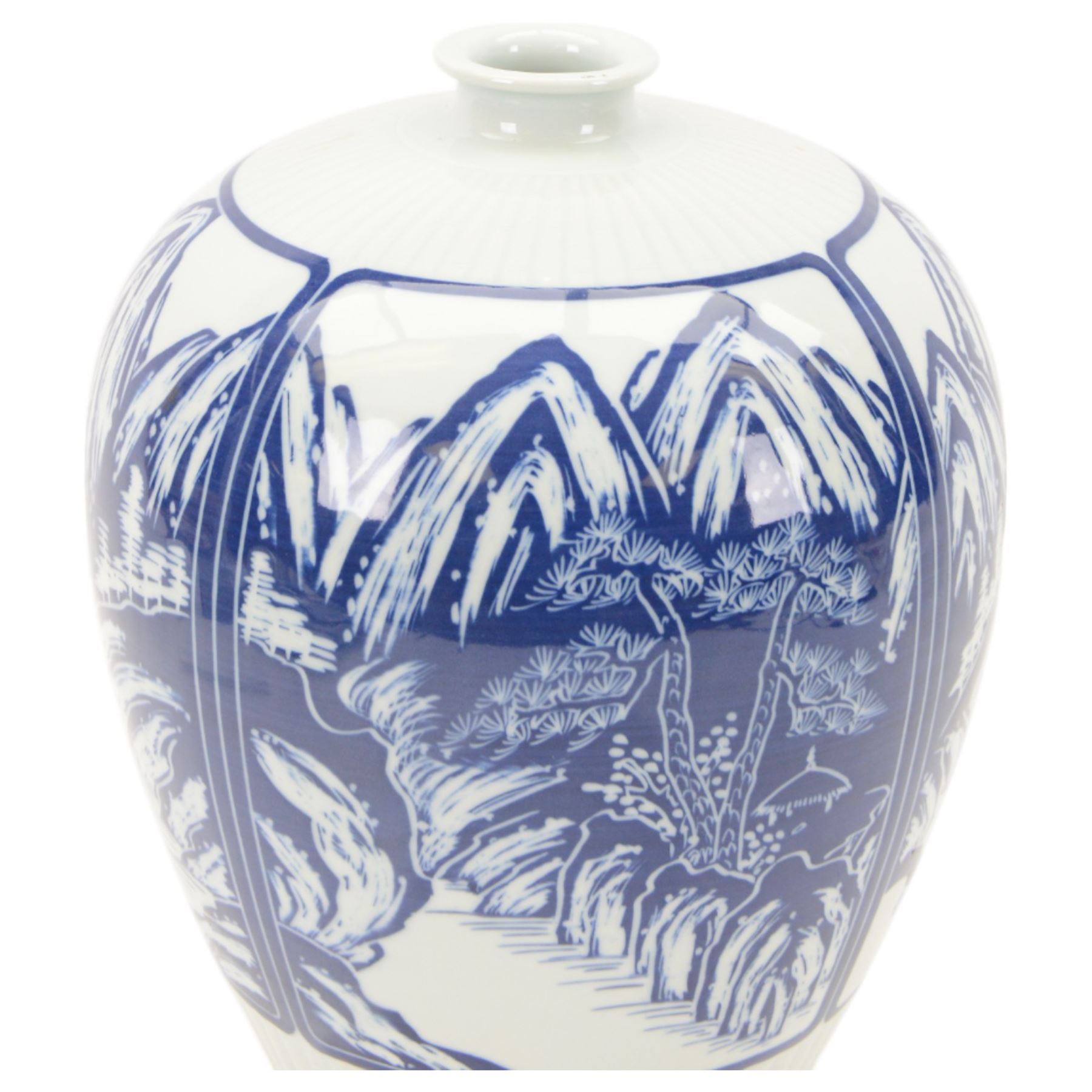 Chinese blue and white vase, of baluster form, decorated with panels of mountainous landscapes on bamboo effect white ground, with character marks beneath, H32cm