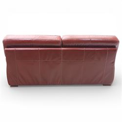 Fabrizio Mantellassi - 20th century Italian red leather suite, one three seat and two large armchairs, upholstered in deep red hide with stitched seam detailing, with magazine pockets to each side, the rectangular back cushions above broad padded arms and seat cushions, raised on low block bases

Sofa: H c98m, W 203cm, D 92cm
Armchair: H 98cm, W 113cm, D 92cm