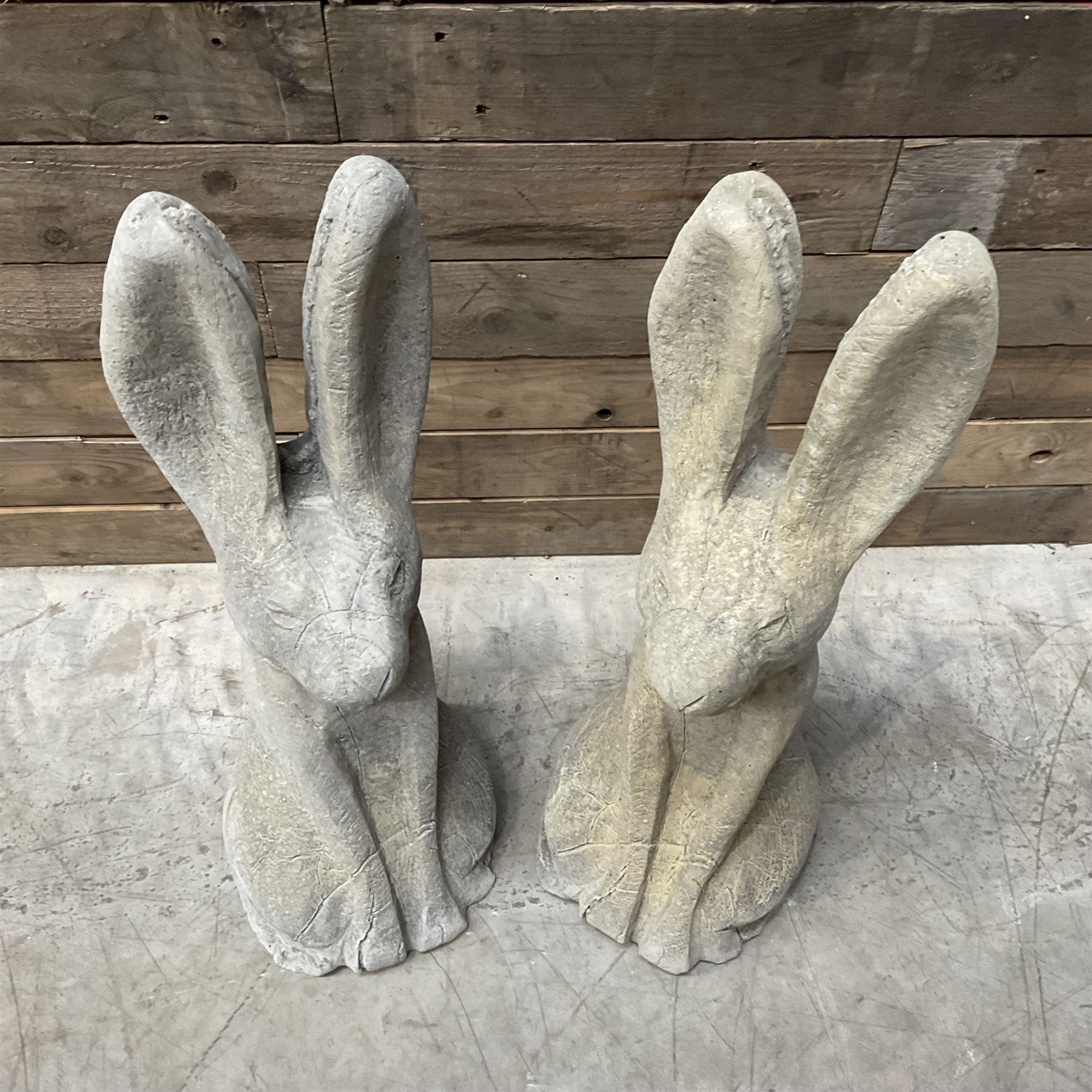 Pair cast stone garden sitting Woody Hares