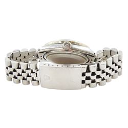 Rolex Oyster Perpetual Datejust gentleman's stainless steel automatic wristwatch, circa 1984, Ref. 16030, serial No. 8124572, after market diamond dot mother of pearl dial and diamond set bezel, on stainless steel Jubilee bracelet, with fold-over clasp