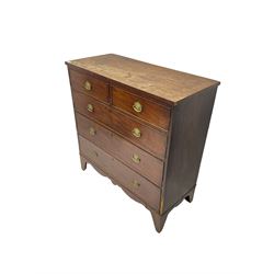 George III mahogany chest, fitted with two short over three cock-beaded drawers, shaped apron and bracket feet