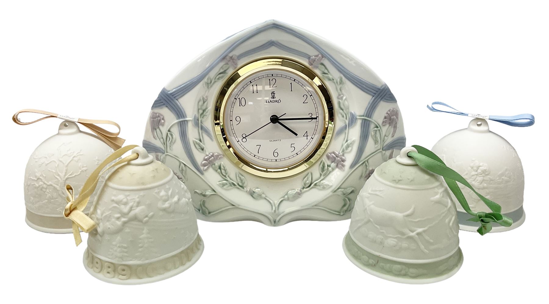 Lladro Segovia Clock no 5655, together with four Lladro bells, Autumn