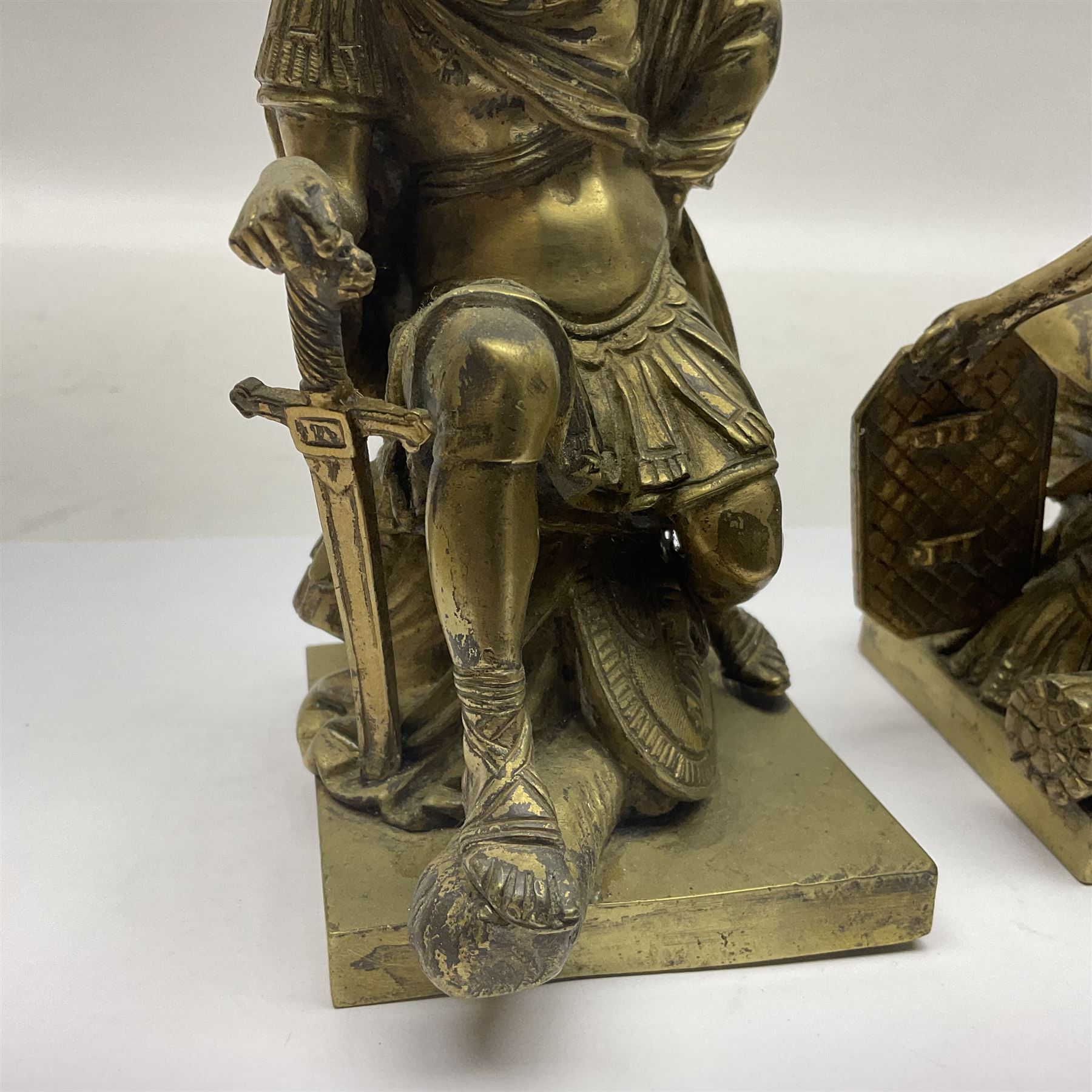 Pair brass grand tour style figures of Minerva and Mars, each on a square base, Minerva H18cm