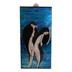 Set of four Vietnamese lacquered panels, depicting four females bathing in a  river across the four panels, one indistinctly signed H85cm