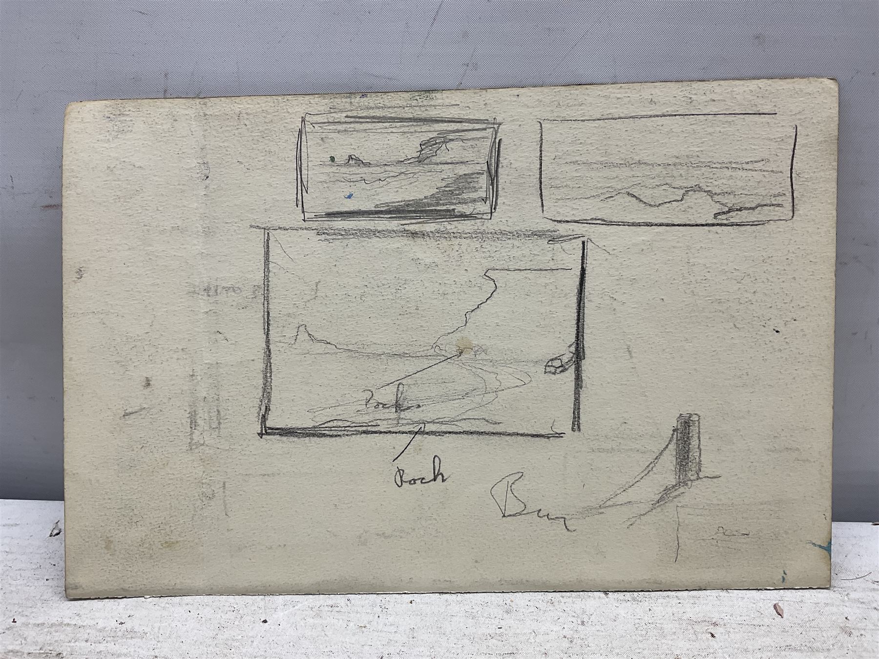 Jack Rigg (British 1927-2023): Preliminary sketch for ''Whitby Piers from Saltwick Nab', pencil unsigned, variously inscribed and dated 1962, 17cm x 25cm (unframed)