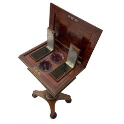 Early 19th century mahogany teapoy, hinged top with caddies and glass liners, pedestal base