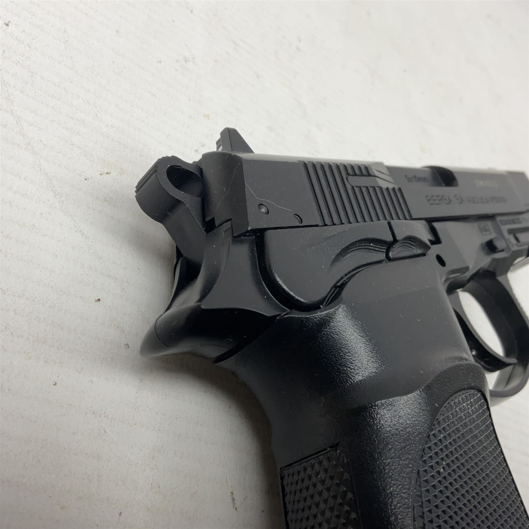 Two Bersa Thunder 9 Pro CO2 BB pistols, serial nos.21M142216 and 20J12270, L30cm overall; one in original box with paperwork  NB: AGE RESTRICTIONS APPLY TO THE PURCHASE OF AIR WEAPONS.
