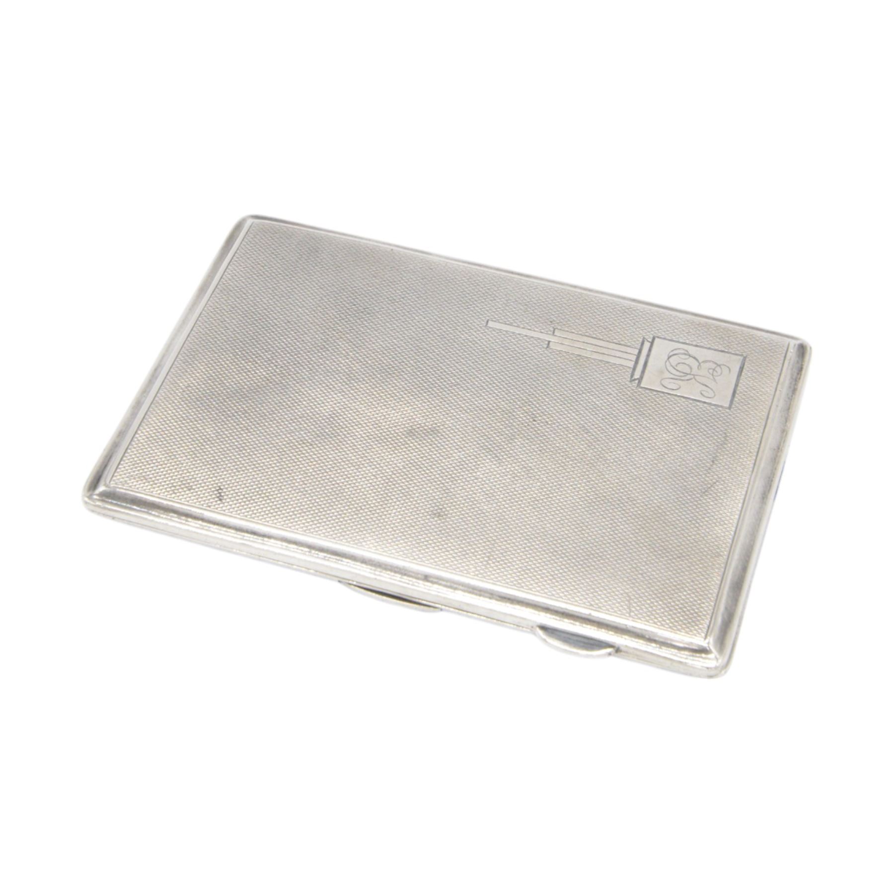 1930s silver cigarette case, of rectangular form, with engine turned decoration and engraved cartouche, hallmarked Mayes, Mills & Co, Birmingham 1933, L12cm