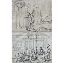 English School (Mid 19th century): Temperance Movement Cartoons, pair pencil drawings signed with indistinct monogram, possibly HF or HJ 19cm x 25cm (2)