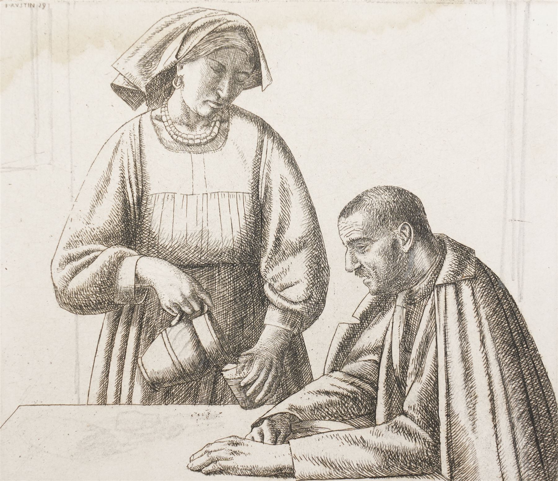 Frederick George Austin (British 1902-1990): The Tavern Maid and Patron, drypoint etching with pencil editing inscribed '4th state' in pencil 13cm x 15cm (unframed) 
Provenance: direct from the granddaughter of the artist