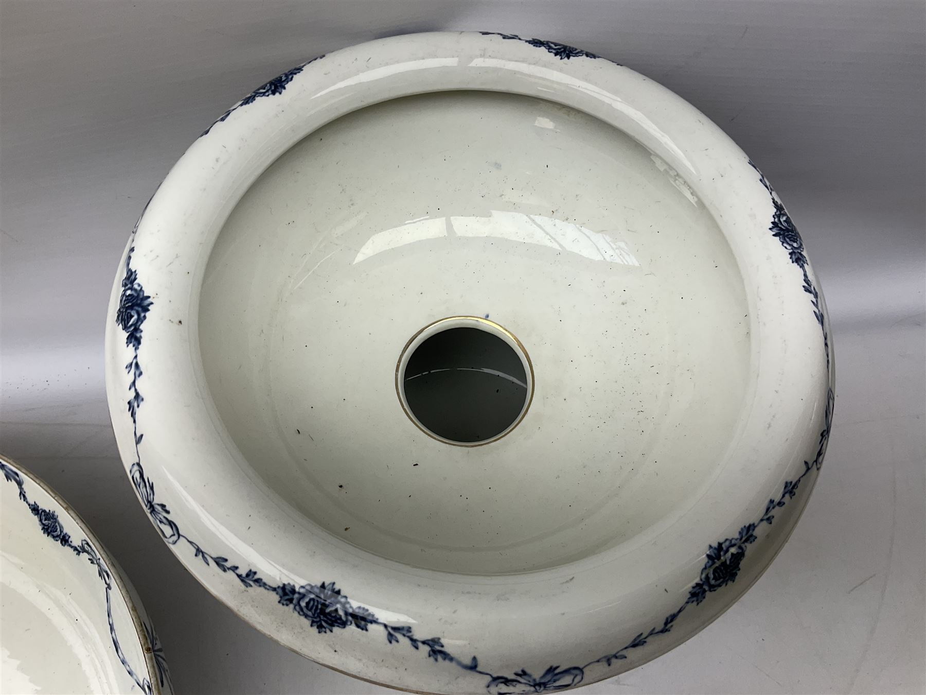 Victorian Empire blue and white transfer printed slop bucket with lid, H28cm excl handle, wash jug and bowl set with toothbrush holder, soap dish and drainer etc