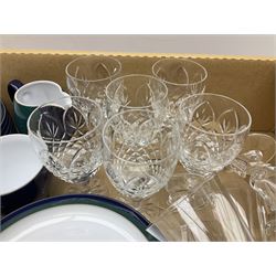 set of six Dartington champagne glasses, with an internal elongated tear in the stem, together with a set of six wine glasses and Denby regatta pattern tea wares comprising of milk jug, eight dessert plates, nine tea cups and eight saucers 
