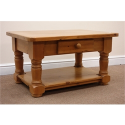  Rectangular pine coffee table, single drawer, turned supports joined by an undertier, W87cm, H49cm, D62cm  