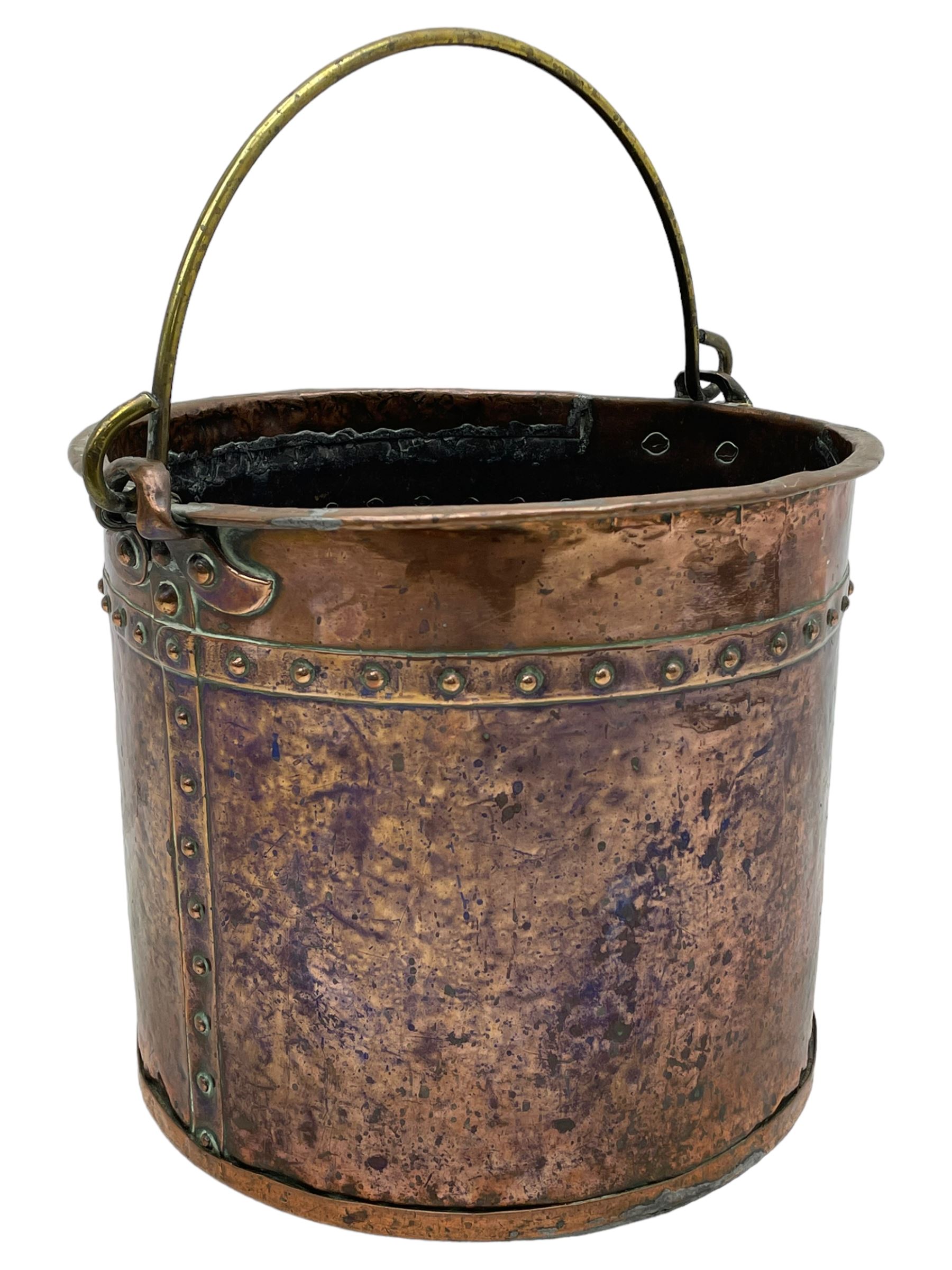 19th century riveted copper and brass mounted coal bucket of cylindrical form 
