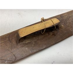 Australian Aboriginal shield, carved with Kangaroo and Emu, 74.5cm; Spear painted with aquatic creatures 78cm, and Spear thrower 81cm (3)