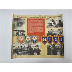 Seven small posters comprising five Soviet military/space programme related subjects including weapon sections; and two reproduction British WW2 recruitment type posters; all unframed (7)