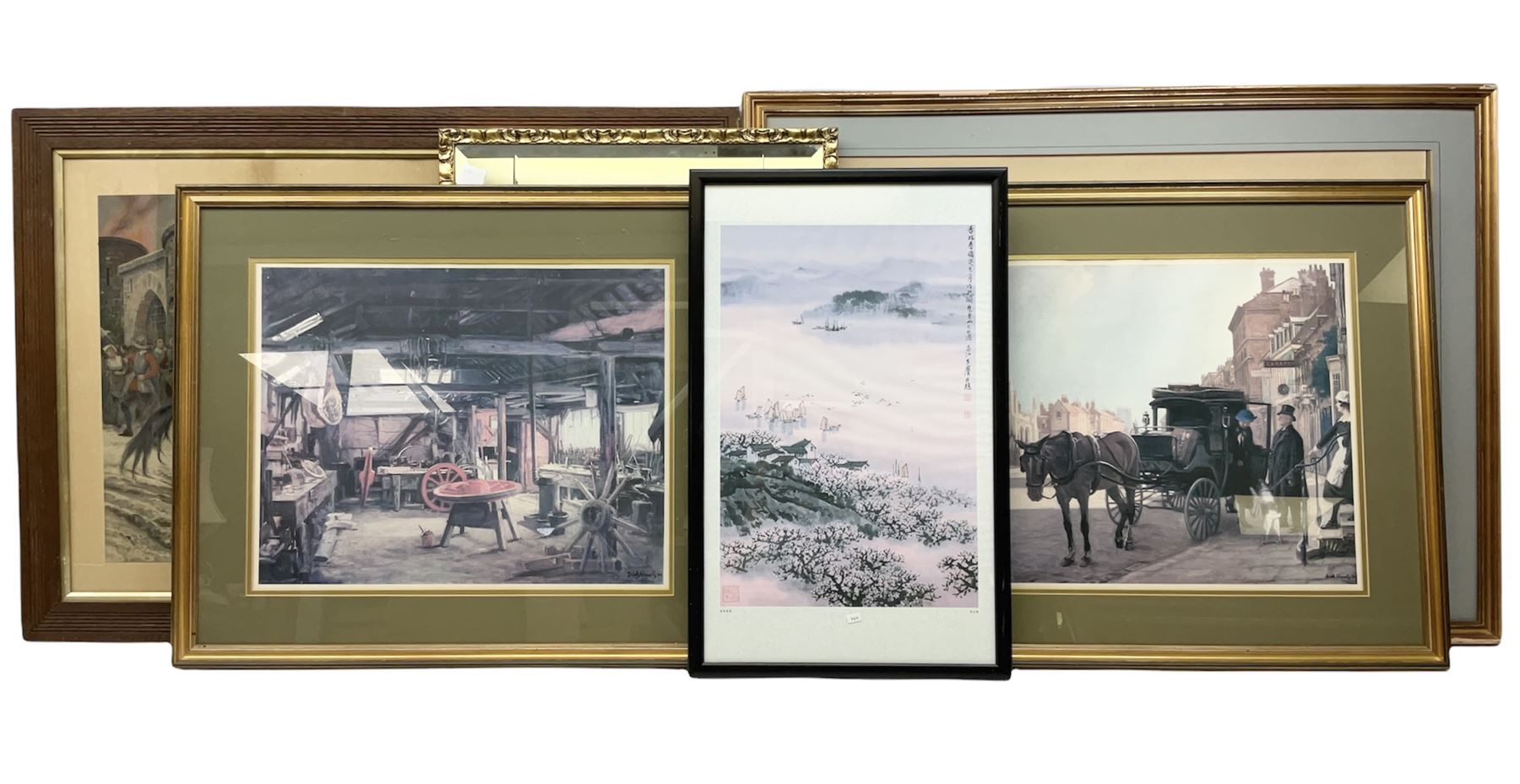 After Sir Joshua Reynolds (British 1723-1792): 'Lord Henry and Lady Charlotte Spencer', engraving with hand colouring pub. 1790; After Heywood Hardy (British 1843-1933): 'In the Lap of Luxury', engraving; After John Watson Nicol (British 1856-1926): 'An Immediate Settlement will Oblige', engraving; after Charles Staniland (British 1838-1916): 'Saved at Last', engraving; After Gaton Woodville: 'In the Nick of Time', colour print; after Victor Venner: 'The Mowbray Hunt Checked', colour print together with pair colour prints after Fred Elwell, a Chinese print, a mirror, further pictures etc, max 45cm x 68cm