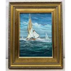 Brian Mays (British 1938-2005): 'Marionette IX at the Point of Losing her Mast - Cowes Week 1986', oil on board signed, titled verso 39cm x 29cm 
Provenance: direct from the family of the artist.
