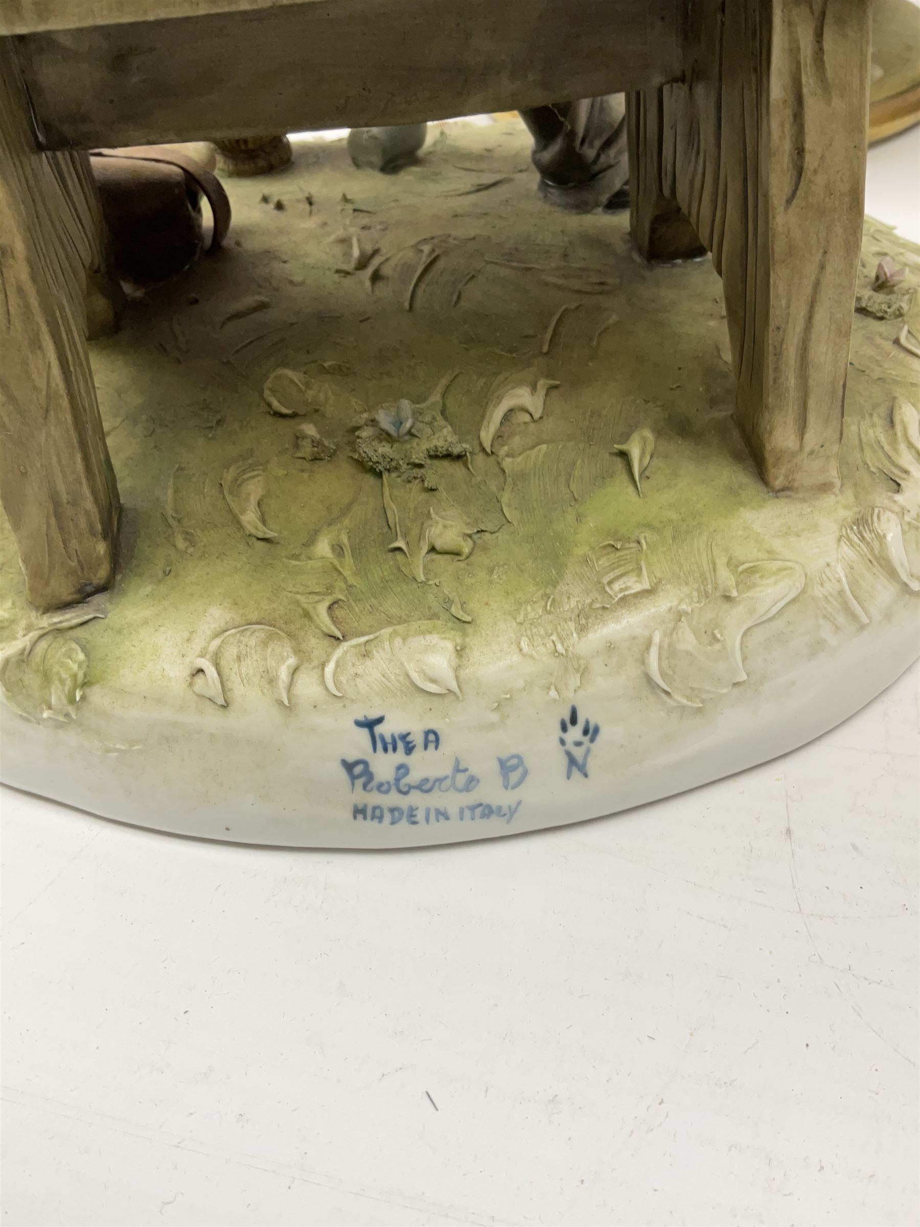 Four Capodimonte figures, comprising Shoemaker by T Galli, Tramp on Bench by Roby B, The Fiddler by Maria Angela, and Gypsy Dancers by Sandro, each with accompanying certificate, plus a Beswick matt glazed horse, and small Beswick pheasant. 