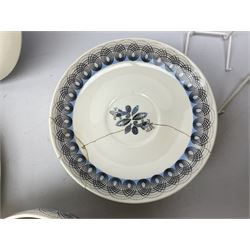 Wedgwood Persephone pattern part tea and dinner service, designed by Eric Ravilious, eight dinner plates, eight side plates, eight dessert plates, two covered tureens, meat platter, coffee pot, eight coffee cans and saucers, milk jug, covered sucrier etc (64)