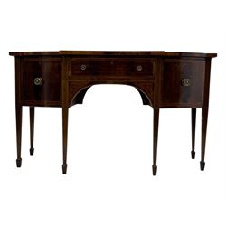 George III mahogany bow-fronted sideboard, serpentine-shaped top with crossbanded and boxwood stringing, over a central drawer flanked by deep cupboards, on square tapering supports terminating in spade feet