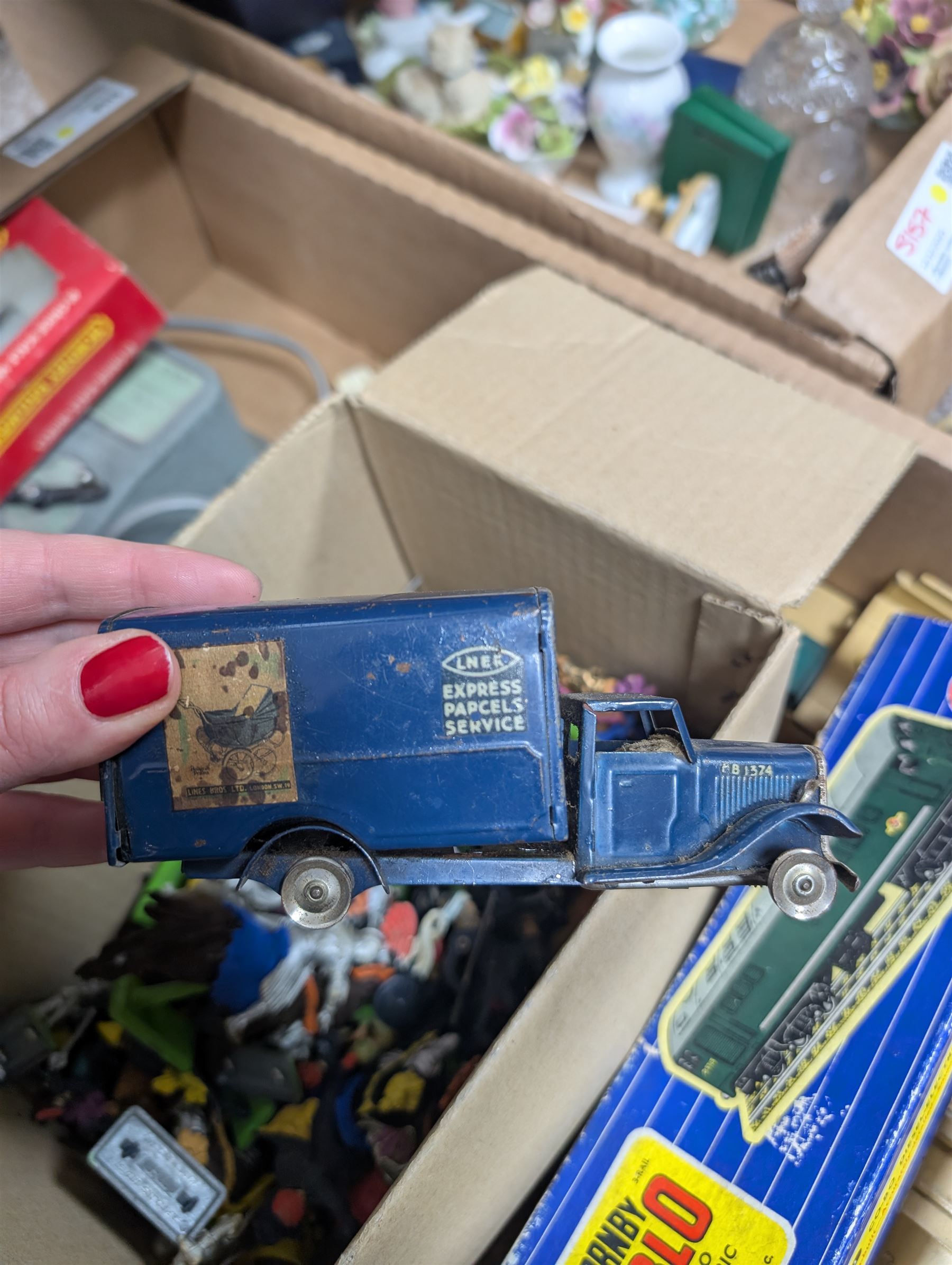 Hornby Dublo Co-Bo diesel locomotive, boxed, one other Hornby steam locomotive, Hornby accessories, four Minic cars and a collection of Deetail soldiers 