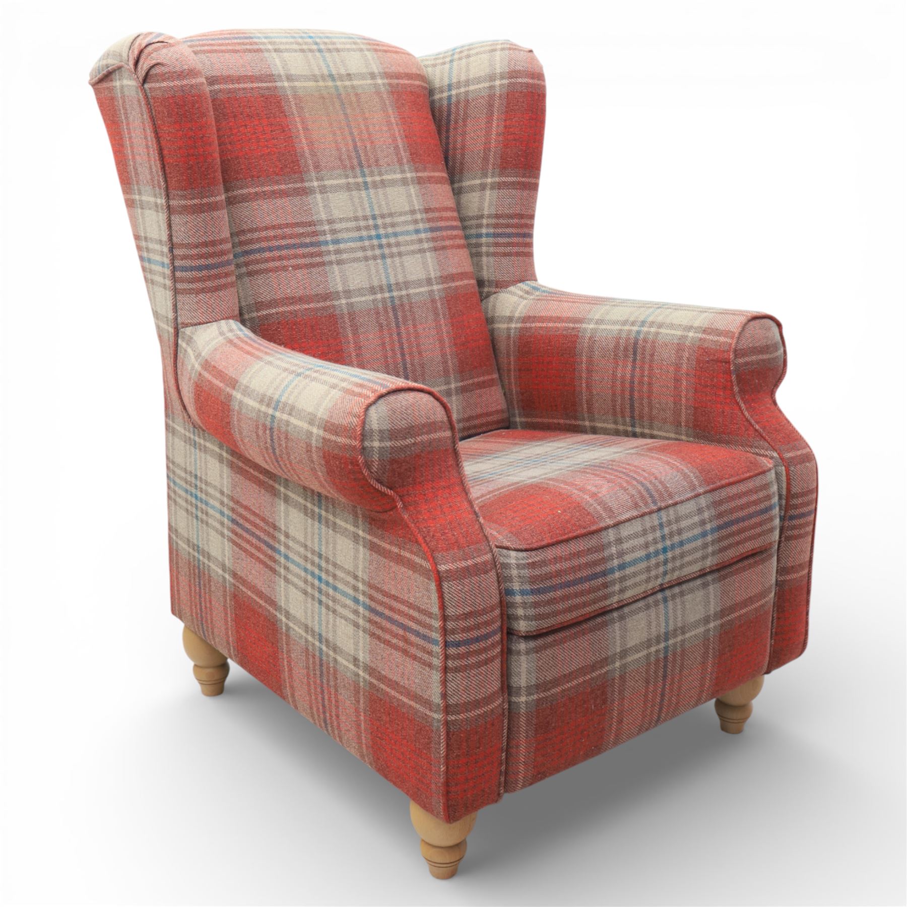 Next Home - Contemporary wingback reclining armchair, high winged back with padded sides, scroll arms, upholstered throughout in red and beige check fabric, loose seat cushion, fitted with a reclining mechanism, raised on short turned wooden 
