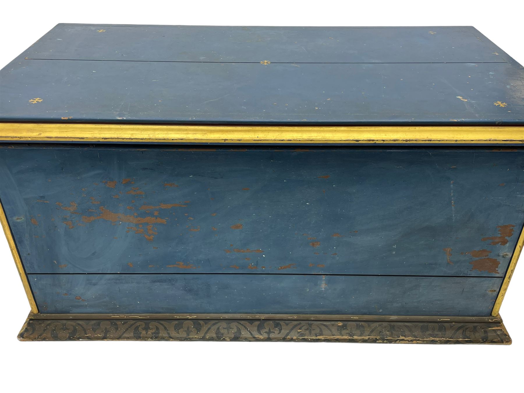 In the manner of William Burges - mid-to-late 19th century English Gothic Revival pine altar or console table, in blue and red paint with water gilding, the moulded rectangular top over six pointed arches with turned column supports, the front carved with a single row of lozenges and incised stylised motifs