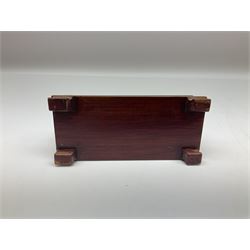 Japanese parquetry puzzle box L12cm; another Japanese puzzle box with marquetry top of Mount Fuji; eleven graduated Chinese figures including immortals; and Chinese figure of a lady standing on a hardwood base next to a horn table (14)